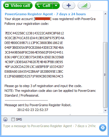 Receive Registration Code via Skype